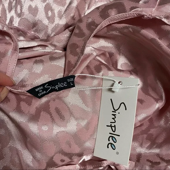 Simplee Dusty Pink Leopard Asymmetrical Ruffle Hem Wrap Belted Satin Dress Sz L - Picture 13 of 14
